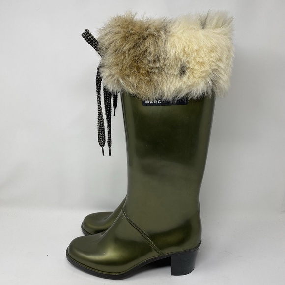 Marc Jacobs Olive Green Rubber Rain Boots w Fur Trim Made in Italy Womens Sz 9 - Picture 2 of 12